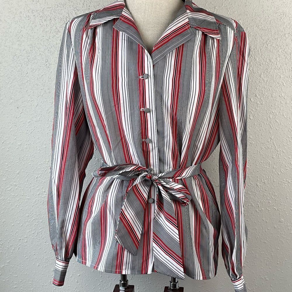 Vintage Unbranded Womens White/Red/Black Striped Button Down Blouse w/Belt L